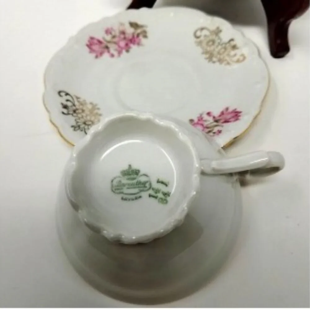 Bareuther Gilded Tea Trio 3-Piece Vintage 1931-1950 Pink Rose Pattern